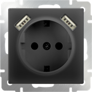 Розетка с заземлением, шторками и USBх2 (черный матовый) W1171508